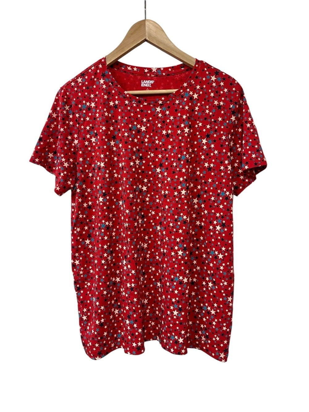 Lands' End Red White Blue Stars Short Sleeve Top T Shirt Tee Cotton Patriotic L